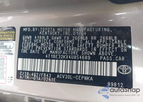 2004 Toyota Camry Le z USA, uszkodzony, nr VIN 4T1BE32KX4U854689